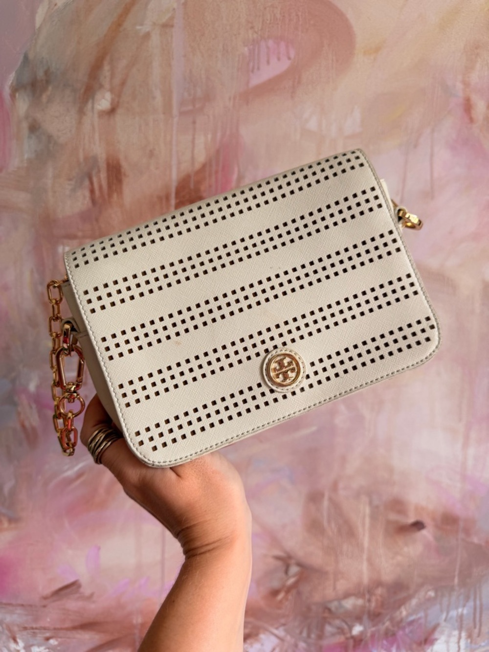 Tory Burch Perforated Cream Leather Crossbody with Gold Chain